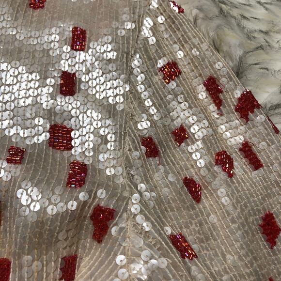 Vintage 100% Silk White & Red Fully Sequin & Beaded Shirt Top - Picture 4 of 16